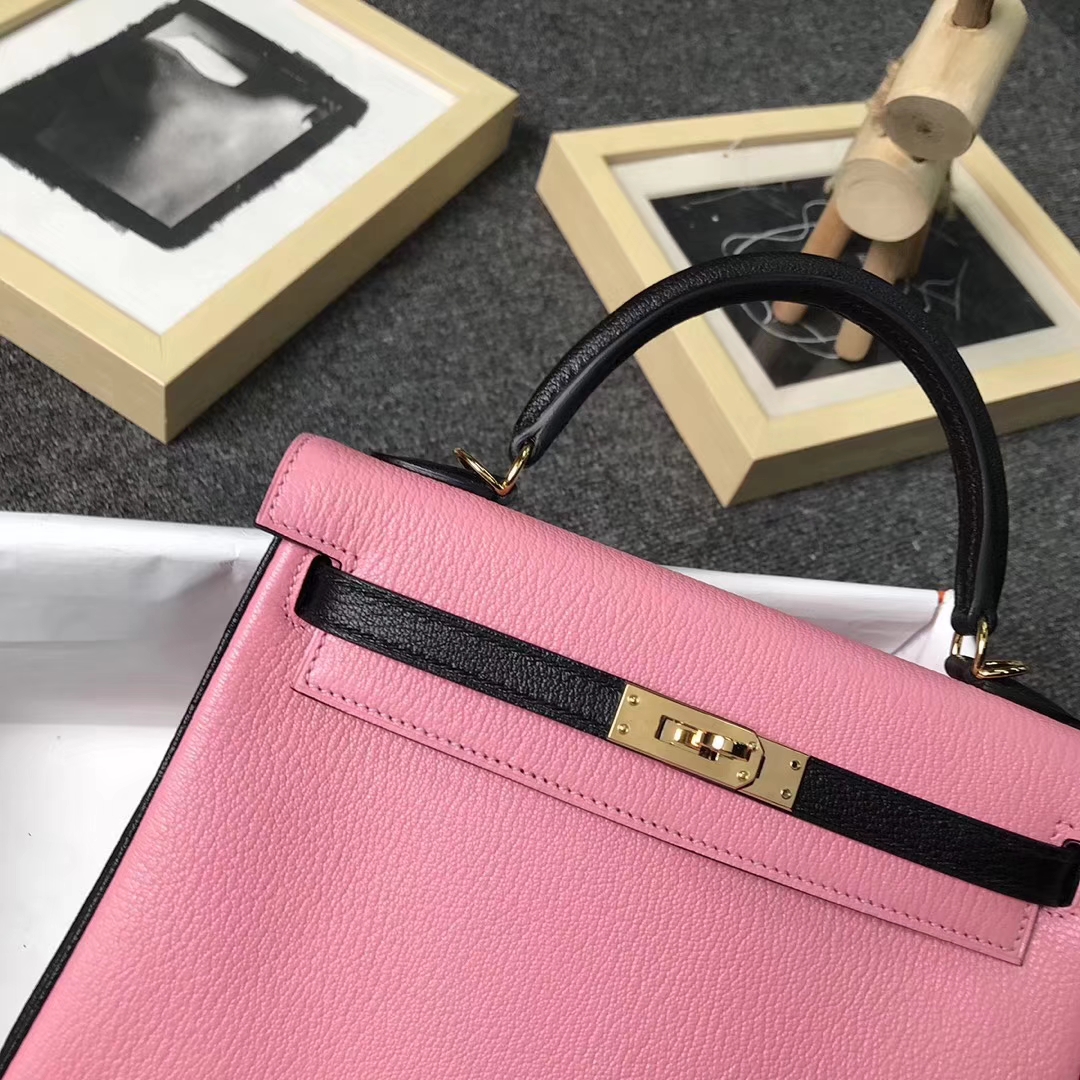 Hermès（爱马仕）1Q奶昔粉拼CK89 黑色 原厂御用顶级山羊皮 Kelly 25 内缝 金扣