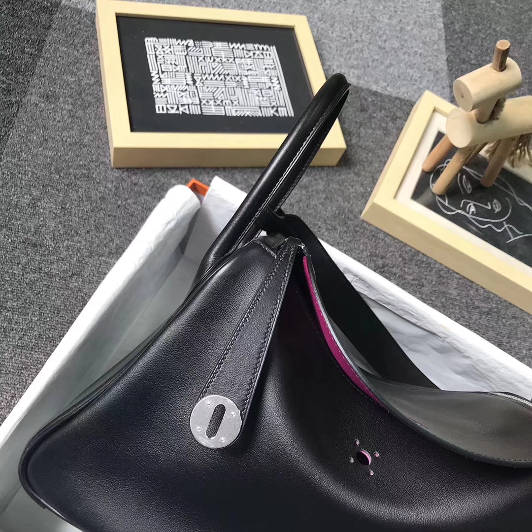 Hermès（爱马仕）黑色内拼L3 玫瑰紫色 原厂御用顶级Swift 皮 Lindy 30 银扣
