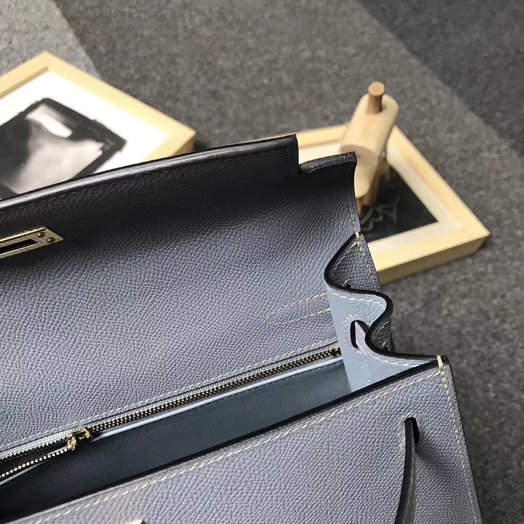 Hermès（爱马仕）J7 亚麻蓝 原厂御用顶级Epsom 皮 Kelly 25 外缝 金扣