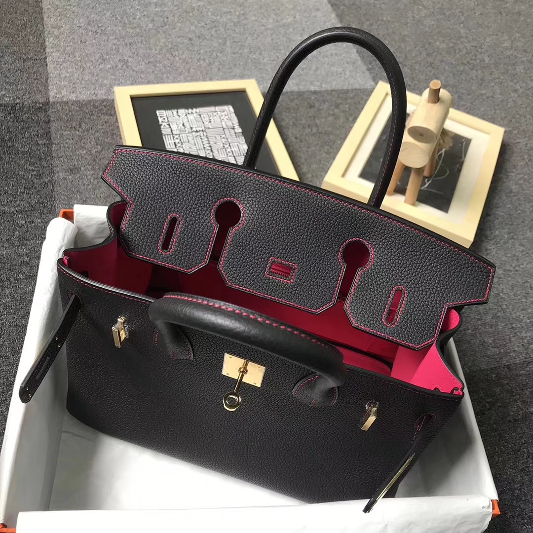 Hermès（爱马仕）CK89 黑色拼桃红色 原厂御用顶级小牛皮 Birkin 30 金扣