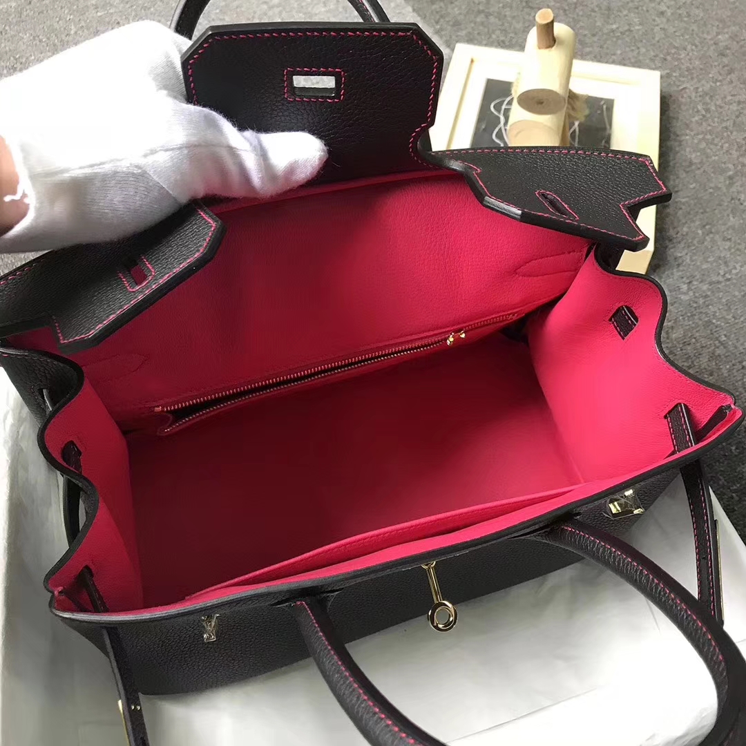 Hermès（爱马仕）CK89 黑色拼桃红色 原厂御用顶级小牛皮 Birkin 30 金扣