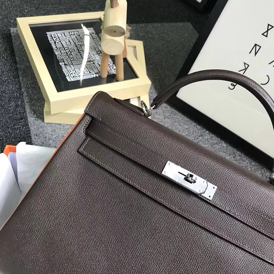 Hermès（爱马仕）巧克力拼经典橙色 原厂御用顶级Epsom 皮 Kelly 32 内缝 银扣