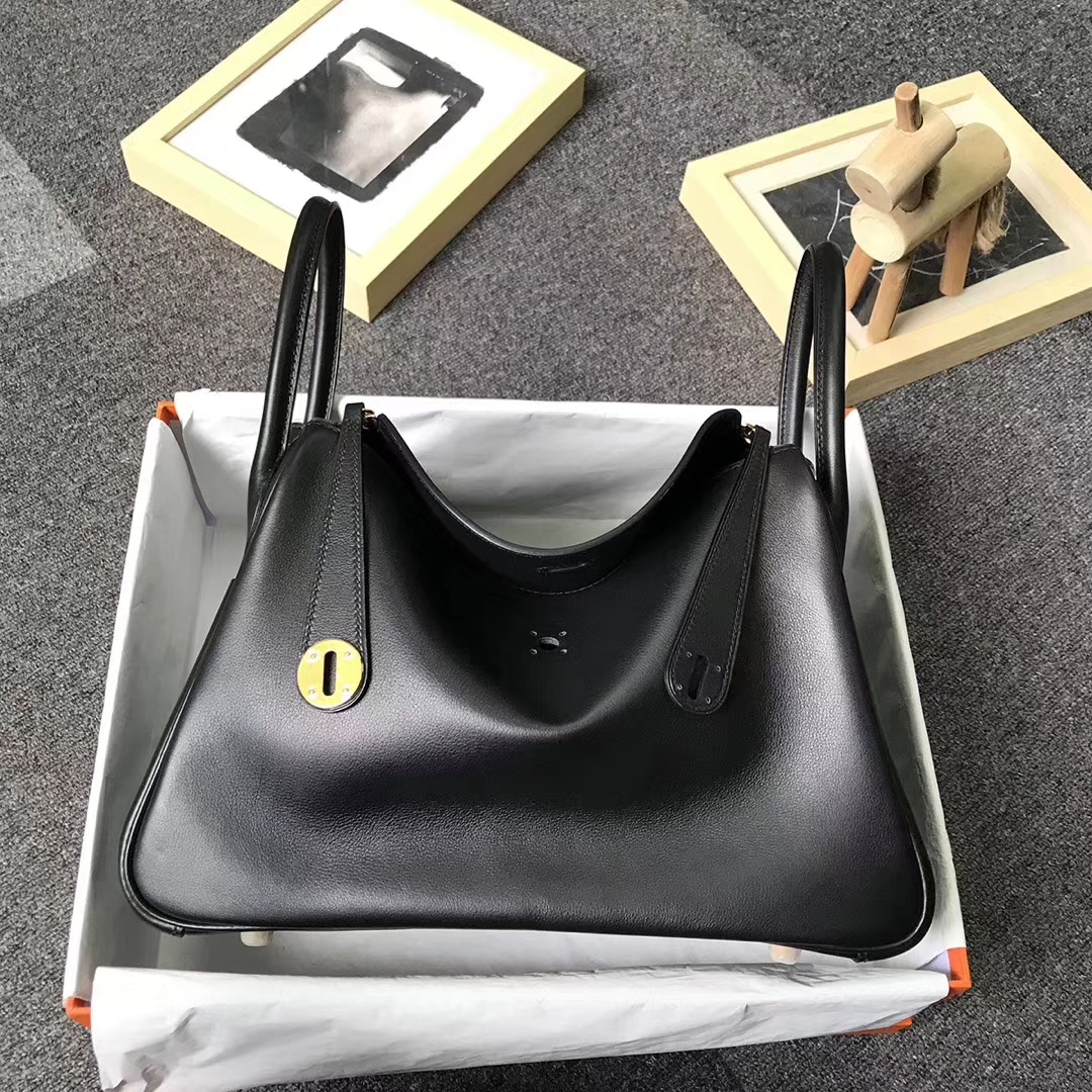 Hermès（爱马仕）CK89 黑色 原厂御用顶级Swift 皮 Lindy 30 金扣 黑色 白色 Epsom 皮编织肩带