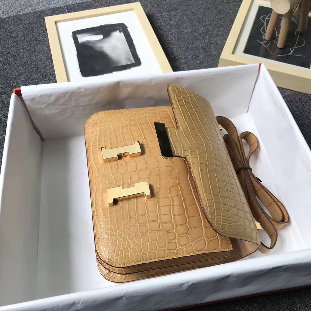 Hermès（爱马仕）姜黄雾面鳄鱼 Constance 24 金扣 现货