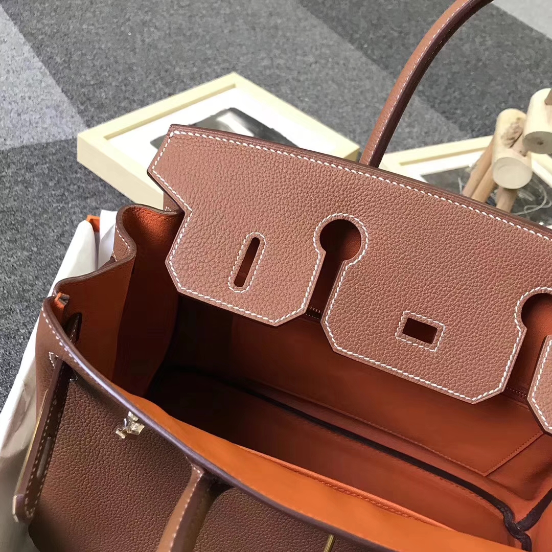 Hermès（爱马仕）金棕色内拼橙色 原厂御用顶级小牛皮 Birkin 30 金扣