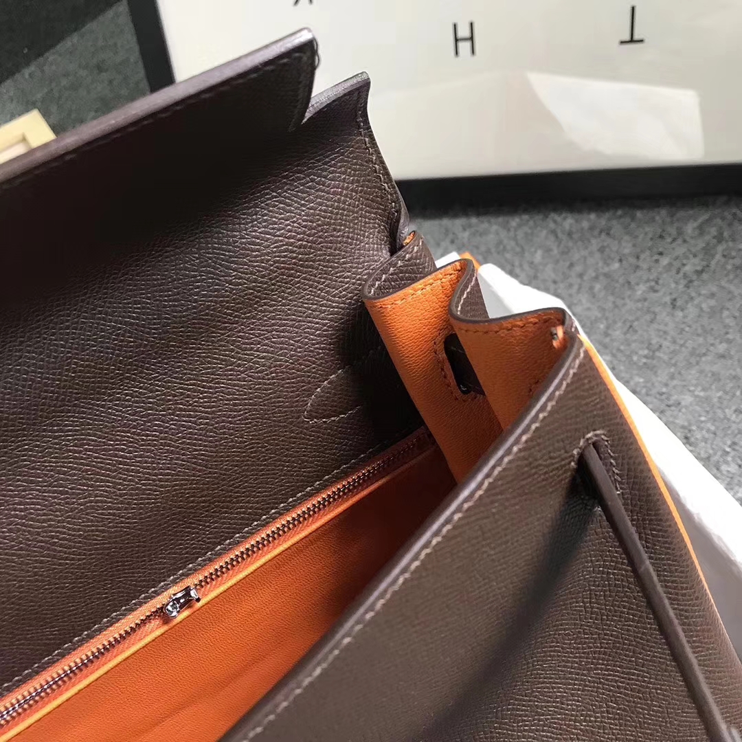 Hermès（爱马仕）巧克力拼经典橙色 原厂御用顶级Epsom 皮 Kelly 32 内缝 银扣