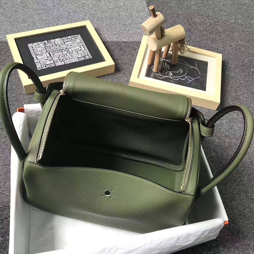 Hermès（爱马仕）V6 丛林绿 原厂御用顶级小牛皮 Lindy 30 金扣
