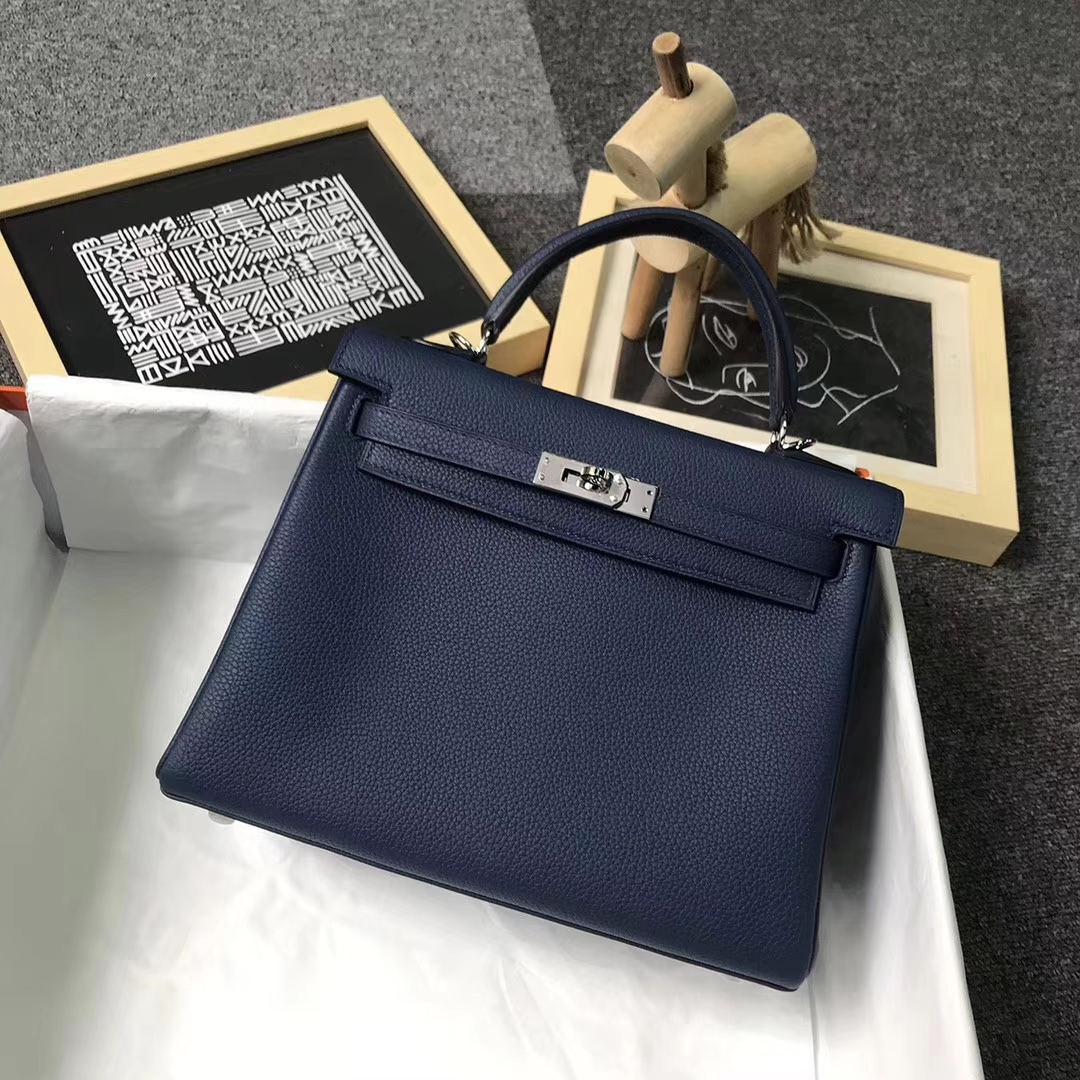 Hermès（爱马仕）7K宝石蓝 原厂御用顶级小牛皮 Kelly 25 银扣
