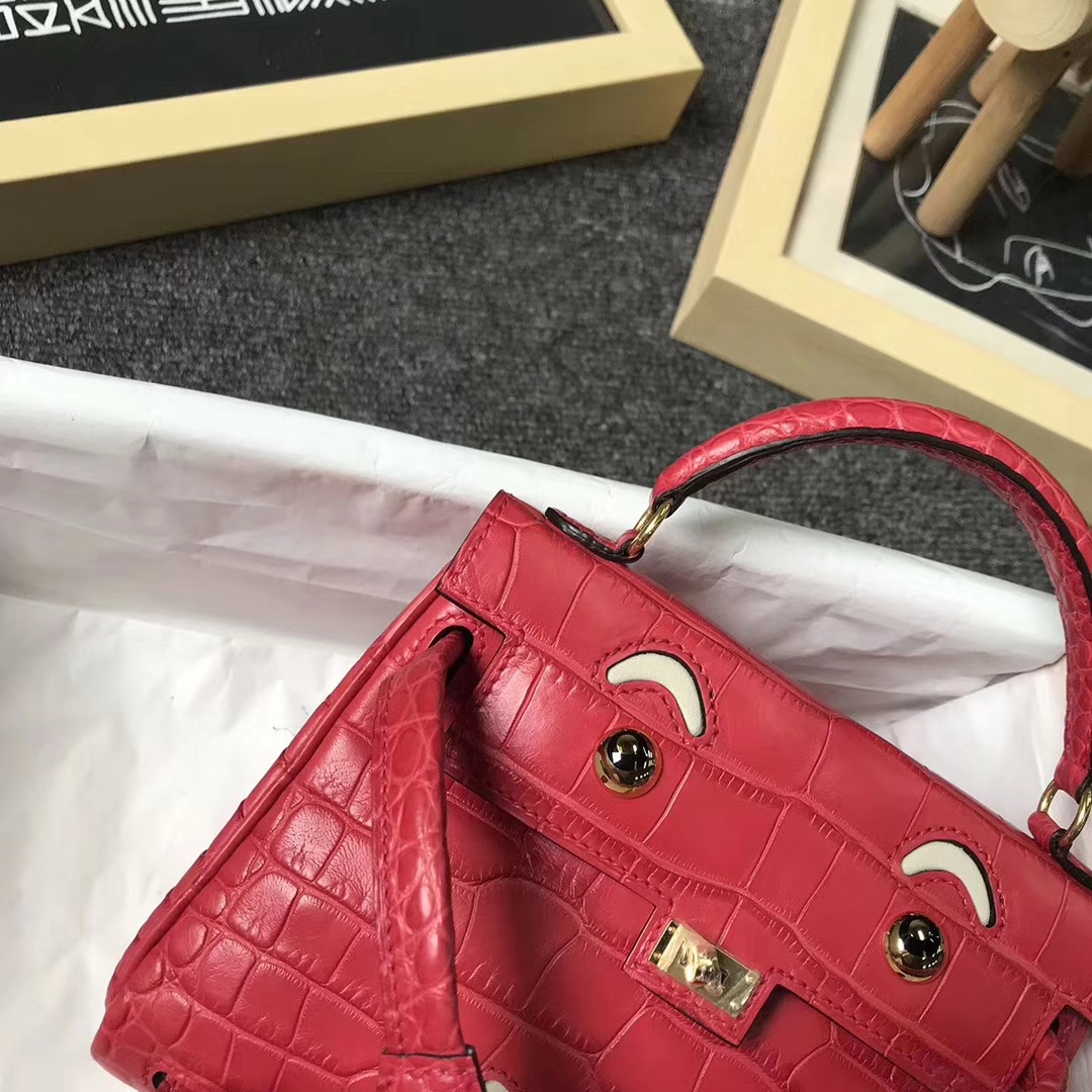 Hermès（爱马仕）S5番茄红鳄鱼皮拼奶昔白Swift 皮 Kelly doll 金扣