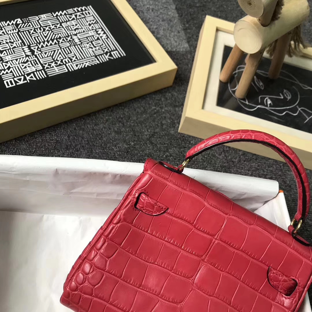 Hermès（爱马仕）S5番茄红鳄鱼皮拼奶昔白Swift 皮 Kelly doll 金扣
