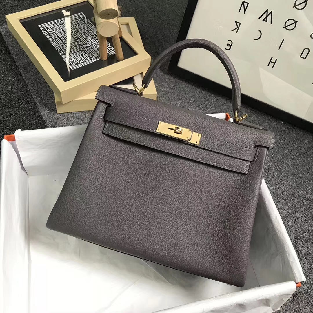 Hermès（爱马仕）8F锡器灰 原厂御用顶级小牛皮 Kelly 28 金扣