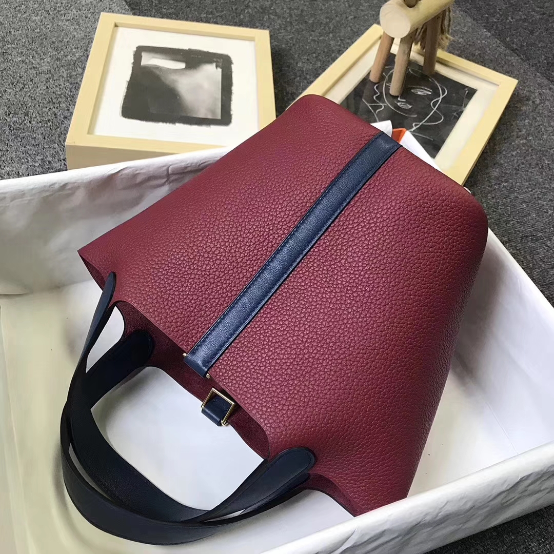 Hermès（爱马仕）石榴红拼宝石蓝 原厂御用顶级TC 皮 Picotin  Lock 18 cm 金扣