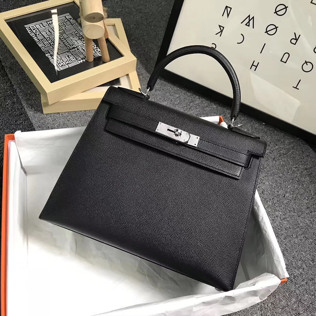 Hermès（爱马仕）CK89 黑色 原厂御用顶级Epsom 皮 Kelly 28 外缝 银扣