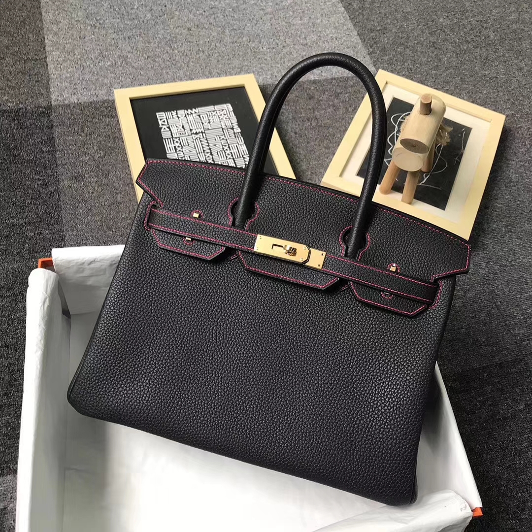 Hermès（爱马仕）CK89 黑色拼桃红色 原厂御用顶级小牛皮 Birkin 30 金扣