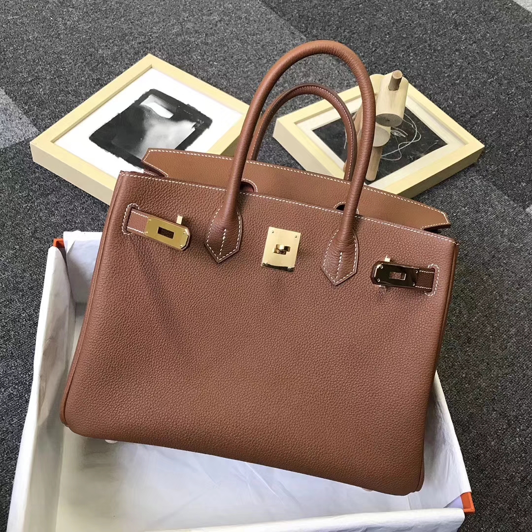 Hermès（爱马仕）金棕色内拼橙色 原厂御用顶级小牛皮 Birkin 30 金扣