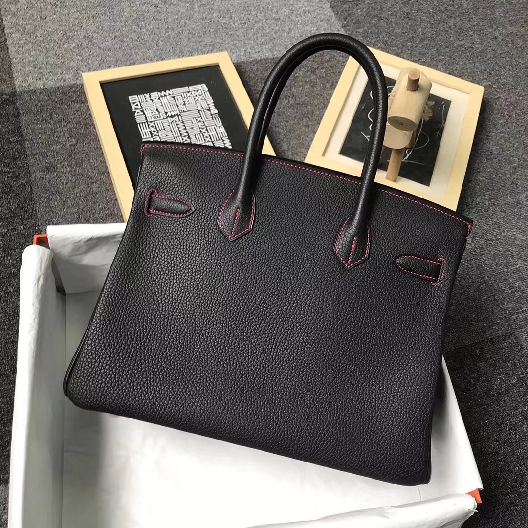 Hermès（爱马仕）CK89 黑色拼桃红色 原厂御用顶级小牛皮 Birkin 30 金扣