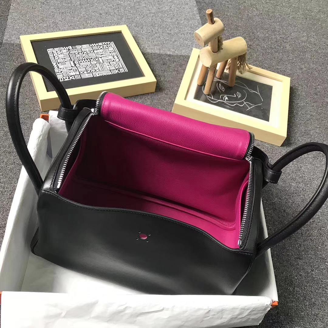 Hermès（爱马仕）黑色内拼L3 玫瑰紫色 原厂御用顶级Swift 皮 Lindy 30 银扣