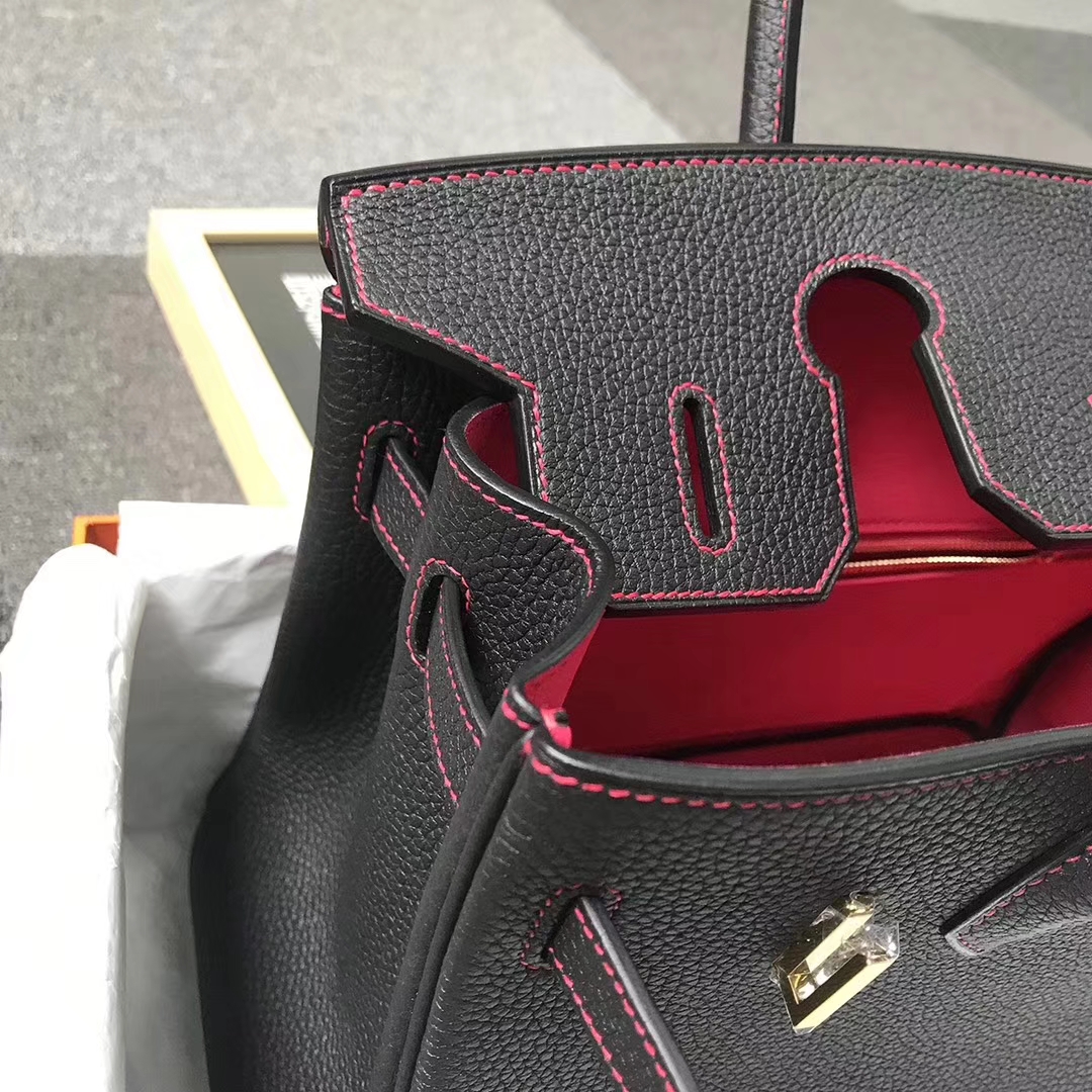 Hermès（爱马仕）CK89 黑色拼桃红色 原厂御用顶级小牛皮 Birkin 30 金扣