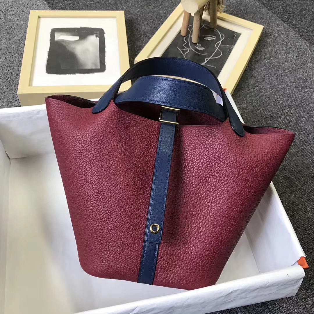 Hermès（爱马仕）石榴红拼宝石蓝 原厂御用顶级TC 皮 Picotin  Lock 18 cm 金扣