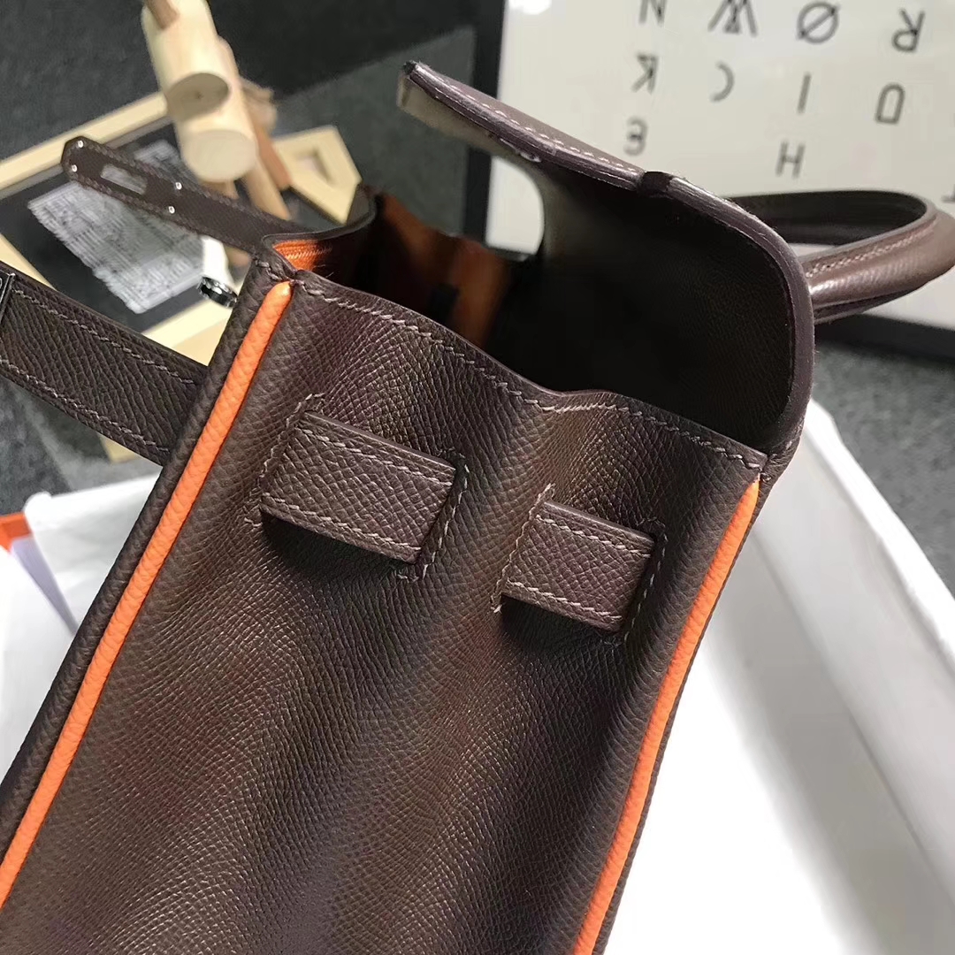 Hermès（爱马仕）巧克力拼经典橙色 原厂御用顶级Epsom 皮 Kelly 32 内缝 银扣