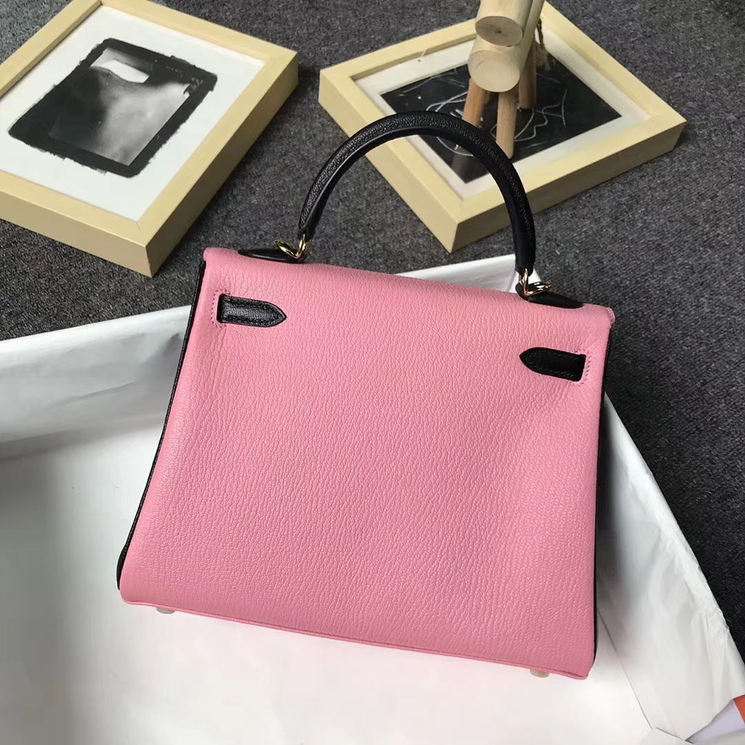 Hermès（爱马仕）1Q奶昔粉拼CK89 黑色 原厂御用顶级山羊皮 Kelly 25 内缝 金扣