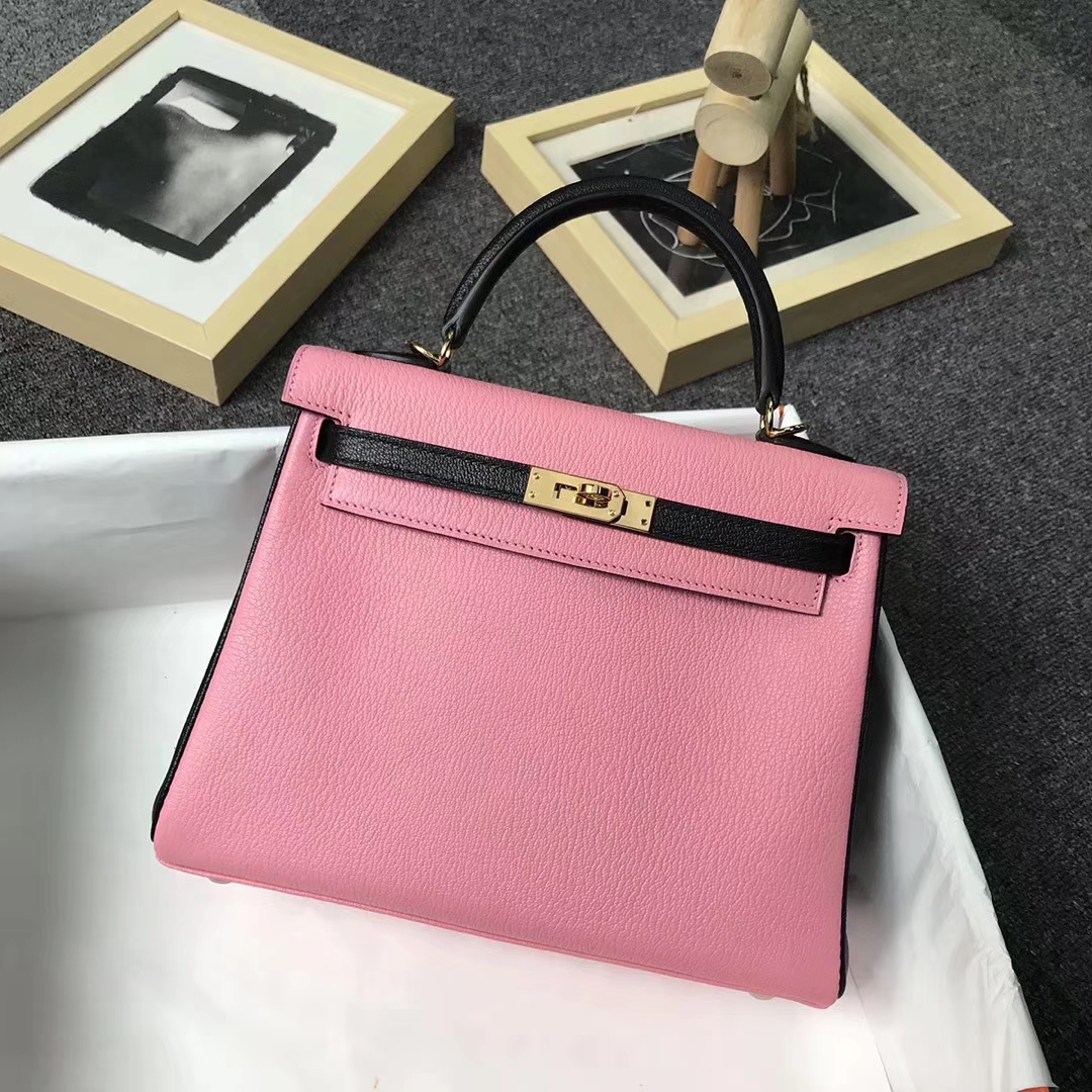 Hermès（爱马仕）1Q奶昔粉拼CK89 黑色 原厂御用顶级山羊皮 Kelly 25 内缝 金扣
