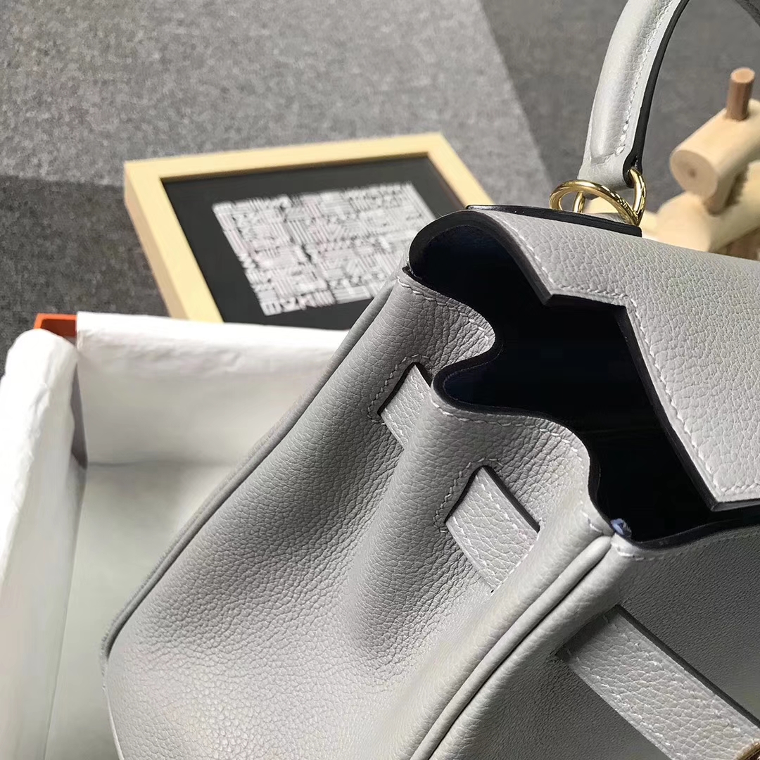 Hermès（爱马仕）4Z海鸥灰内拼玛瑙蓝 原厂御用顶级小牛皮 Kelly 28 金扣