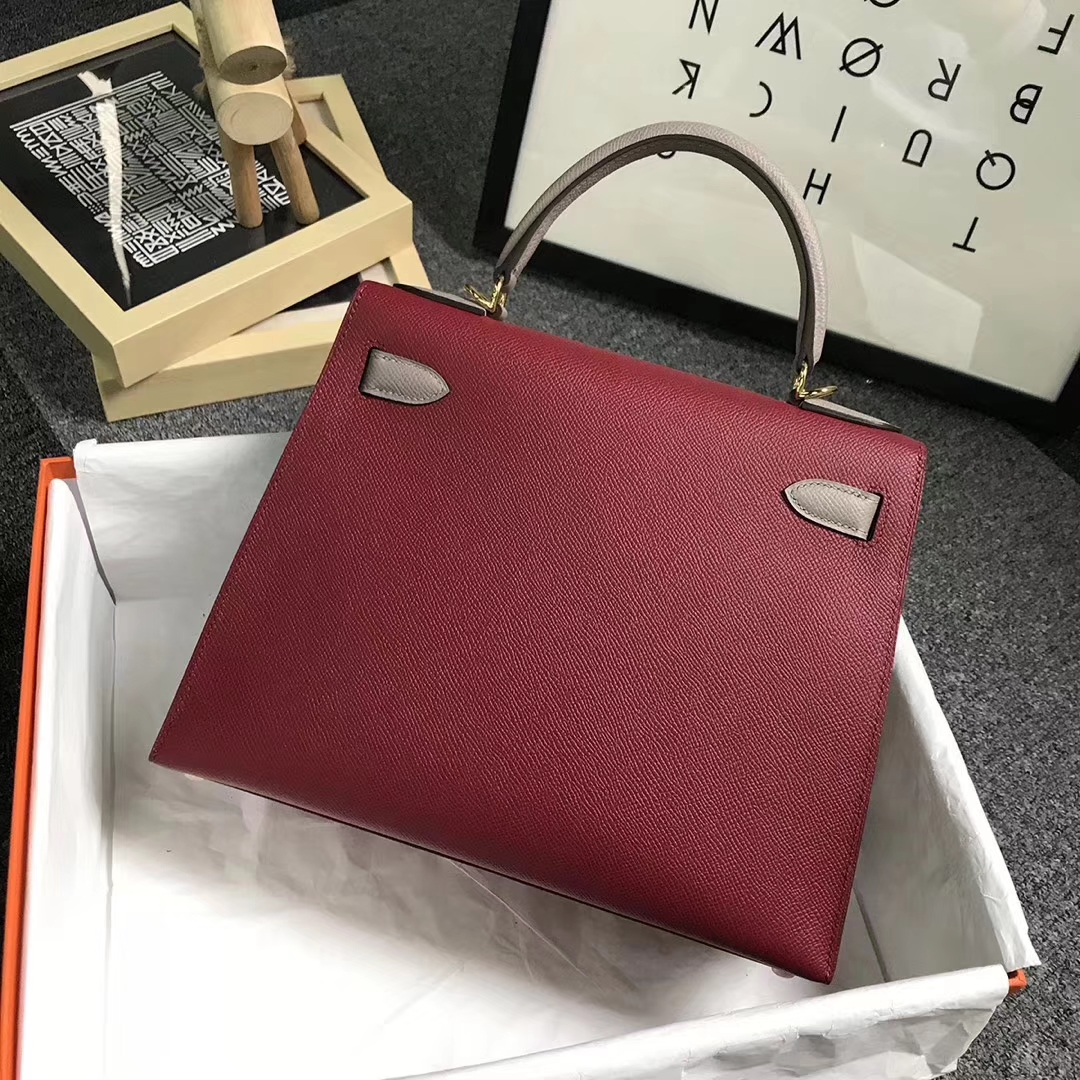 Hermès（爱马仕）K1石榴红拼M8沥青灰 原厂御用顶级Epsom 皮 Kelly 28 外缝 金扣