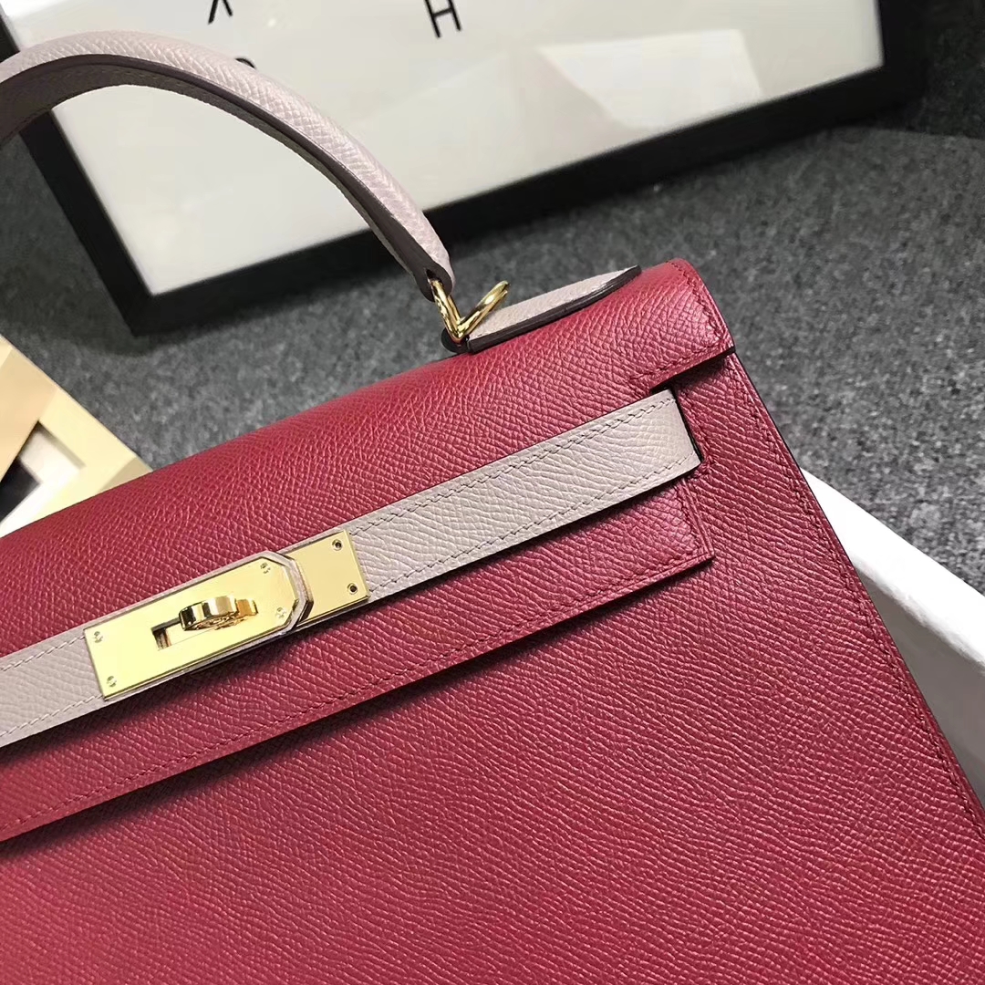 Hermès（爱马仕）K1石榴红拼M8沥青灰 原厂御用顶级Epsom 皮 Kelly 28 外缝 金扣