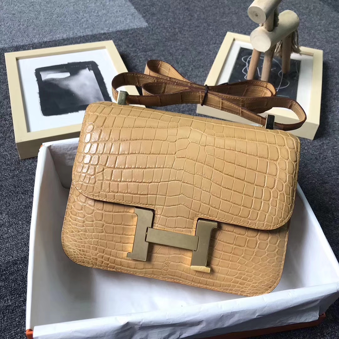 Hermès（爱马仕）姜黄雾面鳄鱼 Constance 24 金扣 现货