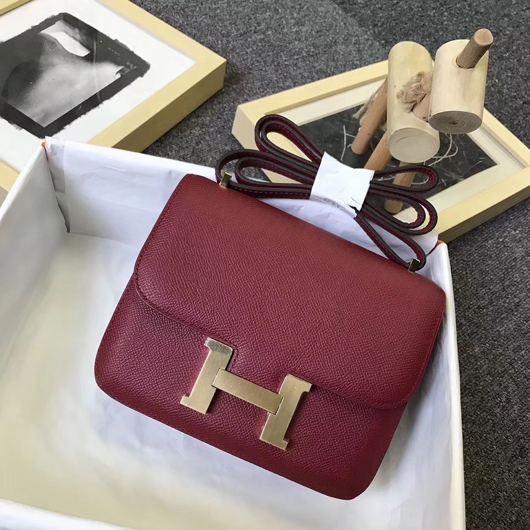 Hermès（爱马仕）K1 石榴红 原厂御用顶级Epsom 皮 Constance 19  金扣