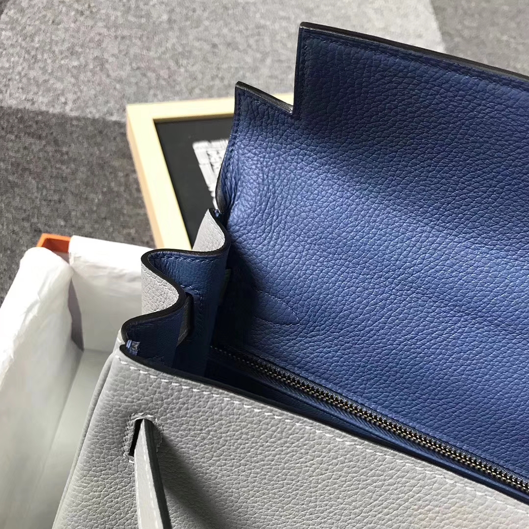 Hermès（爱马仕）4Z海鸥灰内拼玛瑙蓝 原厂御用顶级小牛皮 Kelly 28 金扣