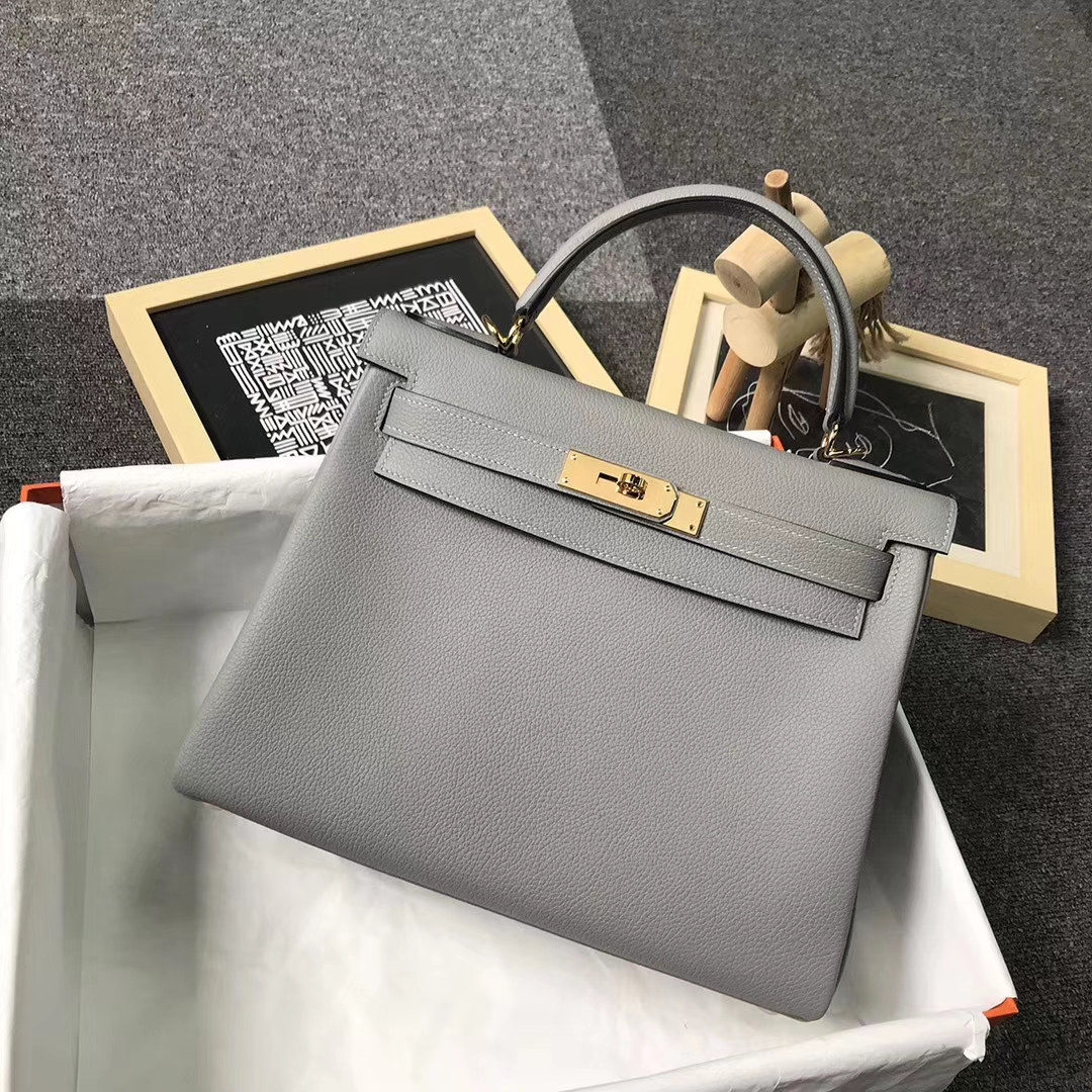 Hermès（爱马仕）4Z海鸥灰内拼玛瑙蓝 原厂御用顶级小牛皮 Kelly 28 金扣