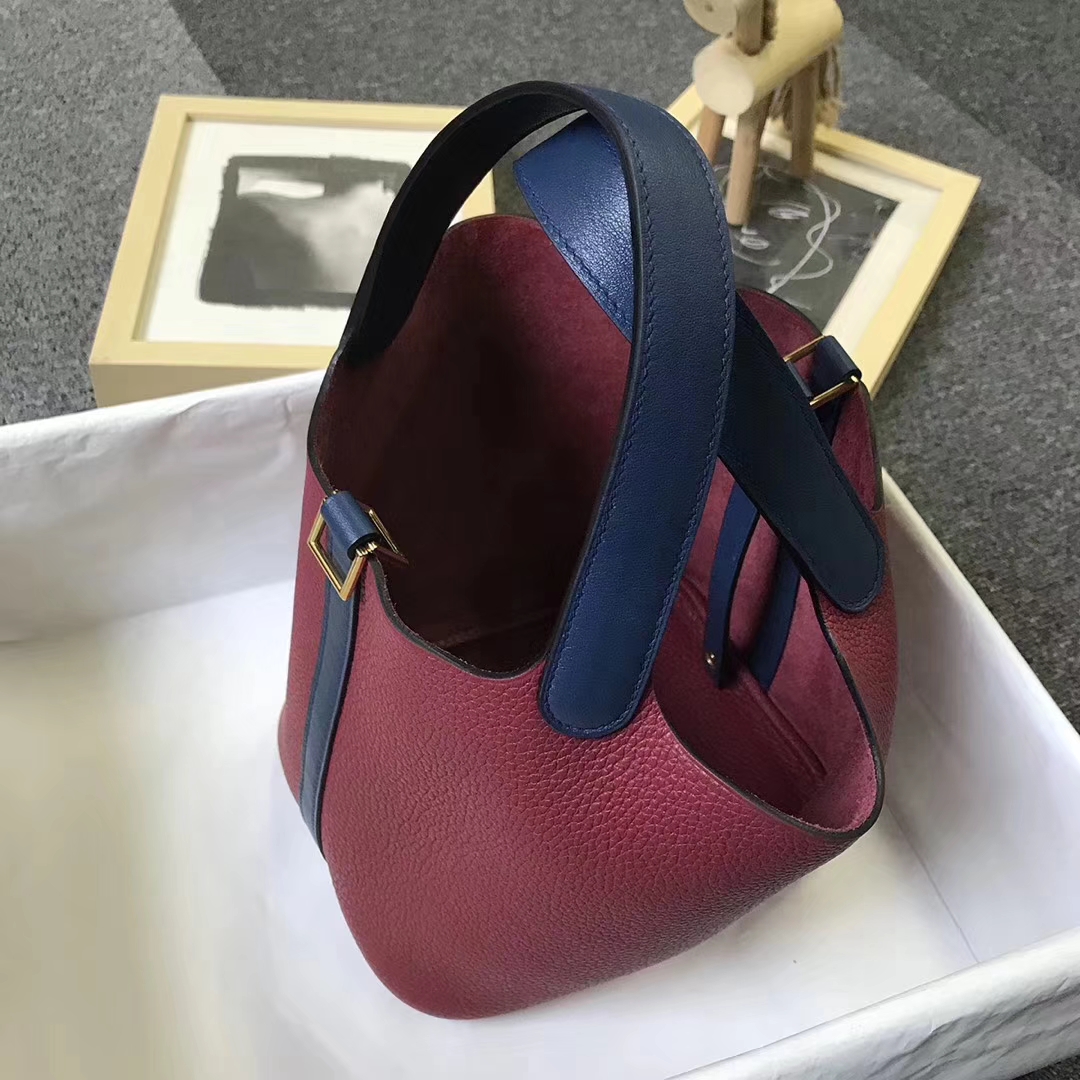 Hermès（爱马仕）石榴红拼宝石蓝 原厂御用顶级TC 皮 Picotin  Lock 18 cm 金扣