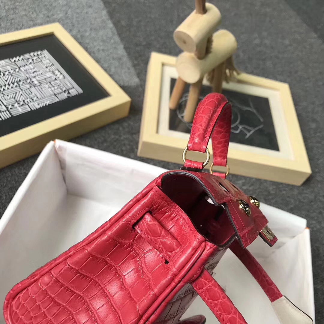 Hermès（爱马仕）S5番茄红鳄鱼皮拼奶昔白Swift 皮 Kelly doll 金扣