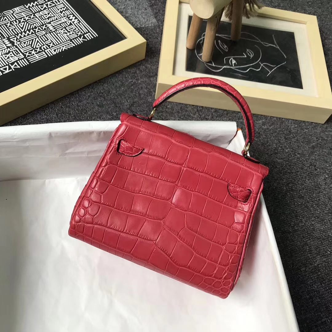 Hermès（爱马仕）S5番茄红鳄鱼皮拼奶昔白Swift 皮 Kelly doll 金扣