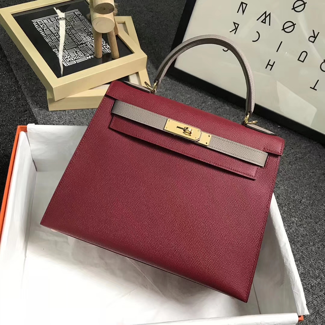 Hermès（爱马仕）K1石榴红拼M8沥青灰 原厂御用顶级Epsom 皮 Kelly 28 外缝 金扣