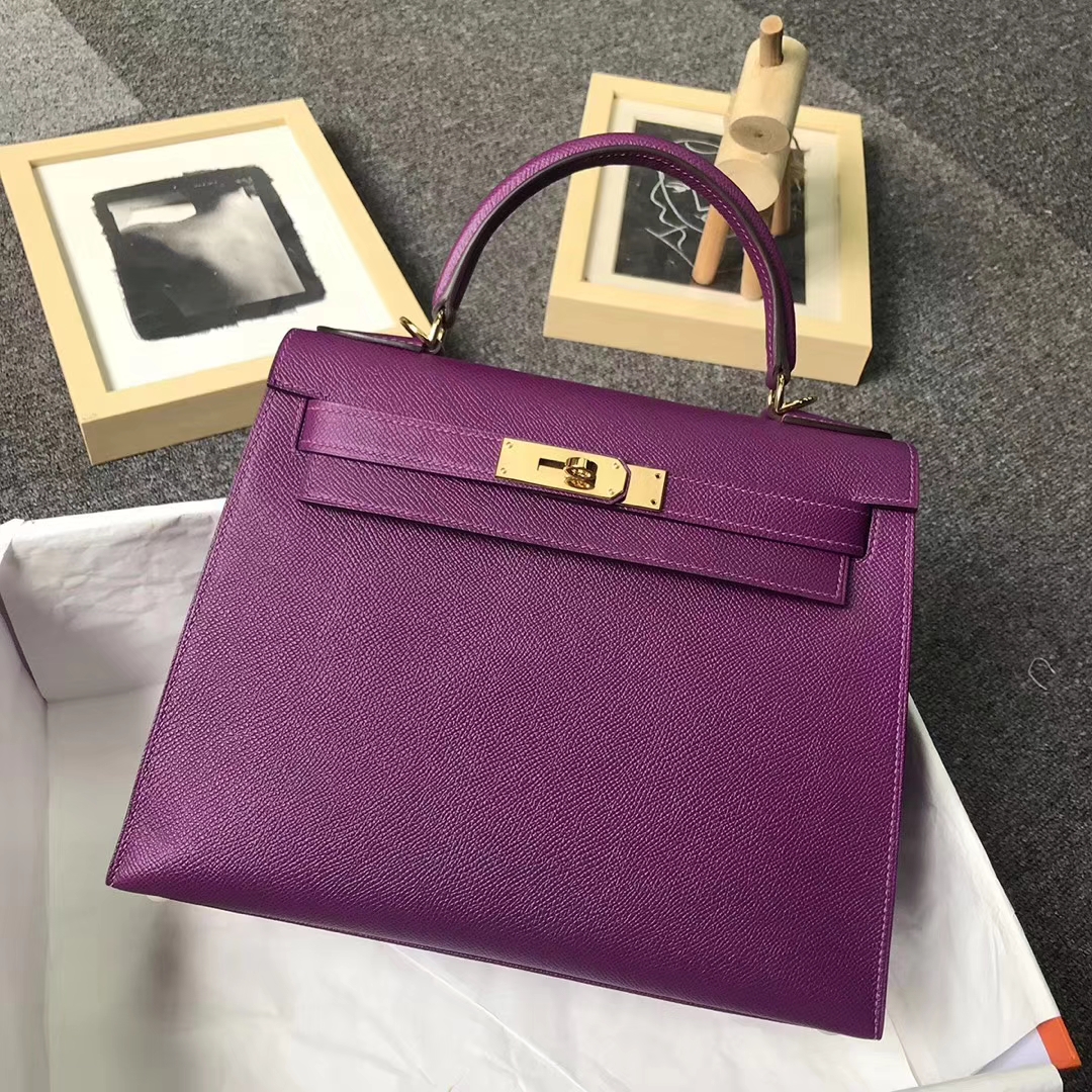 Hermès（爱马仕）P9海葵紫 原厂御用顶级Epsom皮 Kelly 28 外缝 金扣