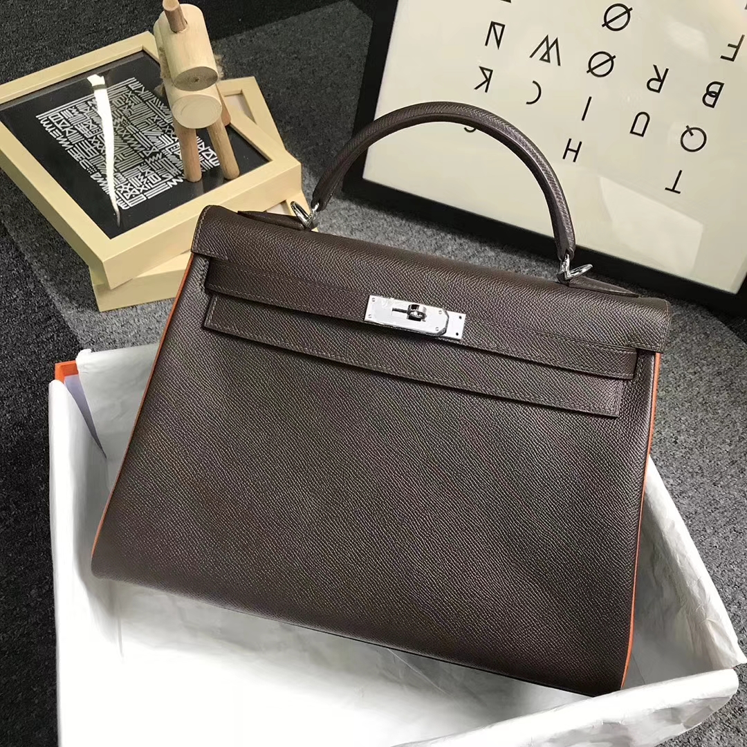 Hermès（爱马仕）巧克力拼经典橙色 原厂御用顶级Epsom 皮 Kelly 32 内缝 银扣