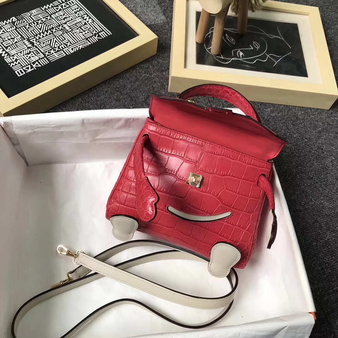 Hermès（爱马仕）S5番茄红鳄鱼皮拼奶昔白Swift 皮 Kelly doll 金扣