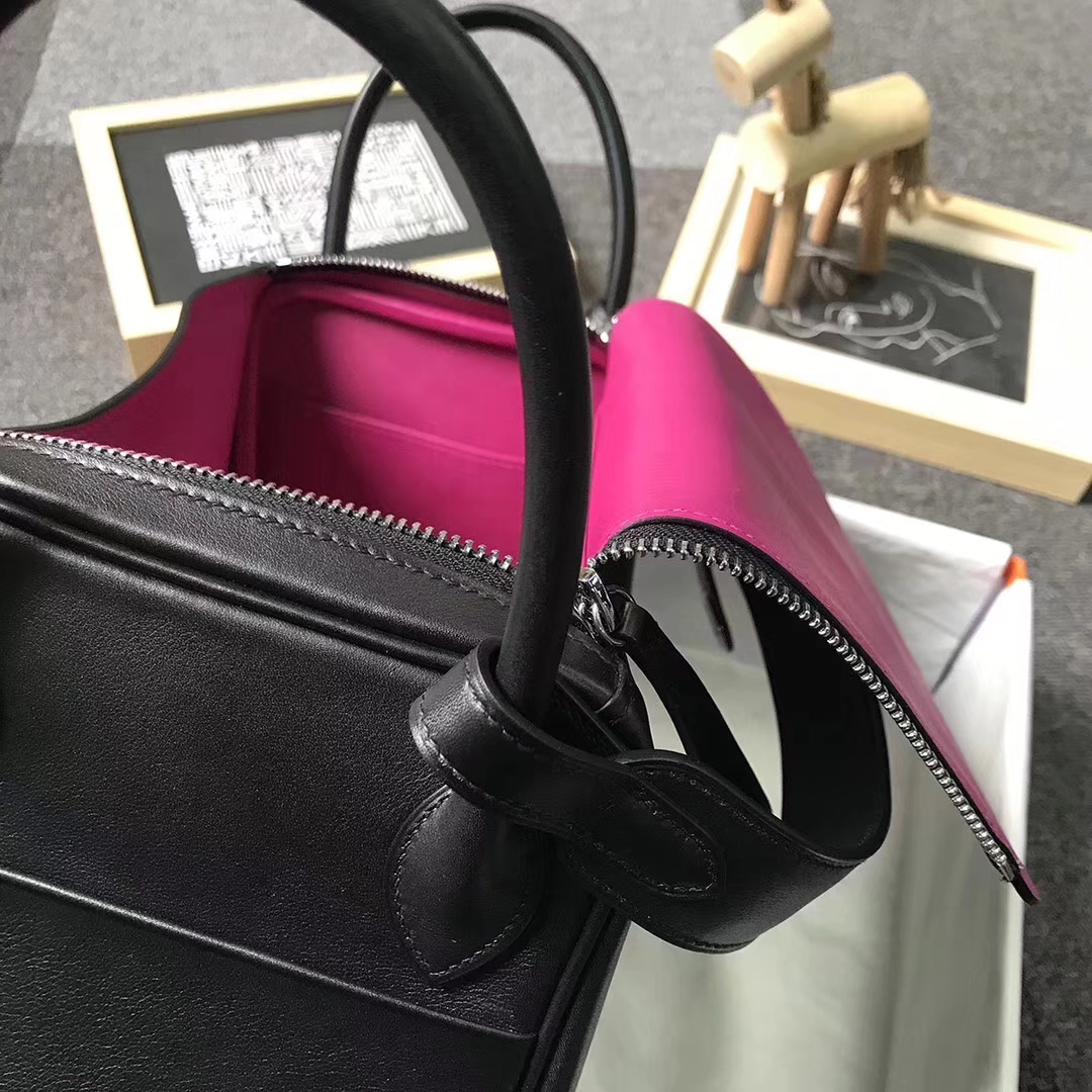 Hermès（爱马仕）黑色内拼L3 玫瑰紫色 原厂御用顶级Swift 皮 Lindy 30 银扣