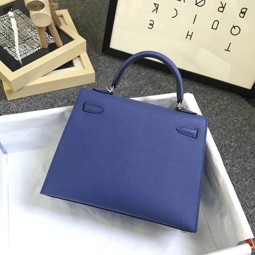 Hermès（爱马仕）7E 明蓝色 原厂御用顶级Epsom 皮 Kelly 25 外缝 银扣