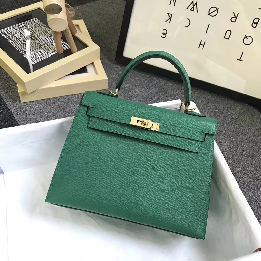Hermès（爱马仕）U4 丝绒绿 原厂御用顶级Epsom 皮 Kelly 25 外缝 金扣