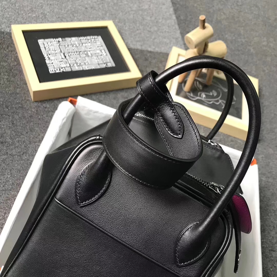 Hermès（爱马仕）黑色内拼L3 玫瑰紫色 原厂御用顶级Swift 皮 Lindy 30 银扣
