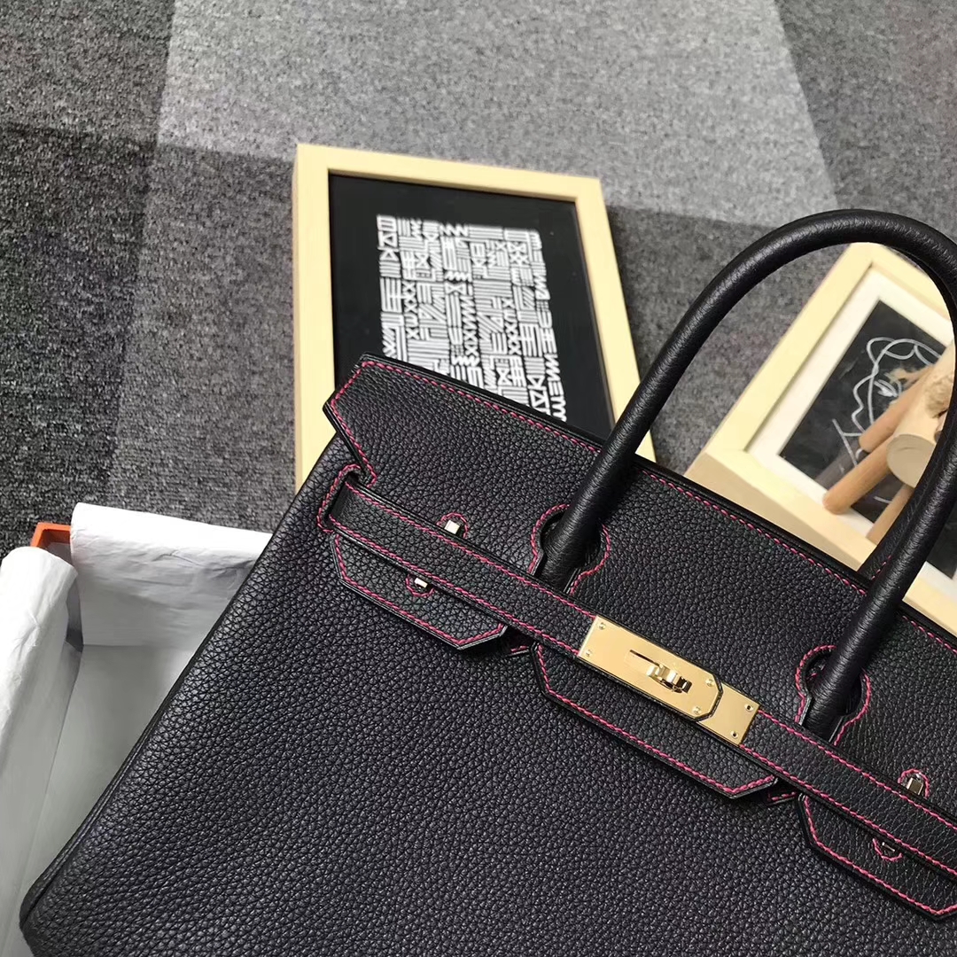 Hermès（爱马仕）CK89 黑色拼桃红色 原厂御用顶级小牛皮 Birkin 30 金扣
