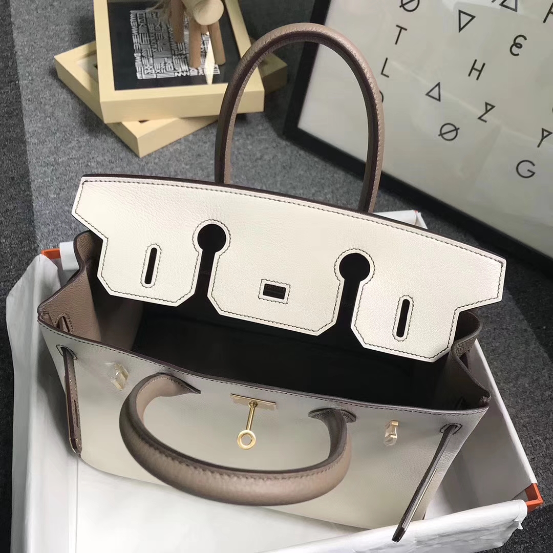 Hermès（爱马仕）奶昔白拼大象灰 原厂御用顶级山羊皮拼小牛皮 Birkin 30 拉丝金扣