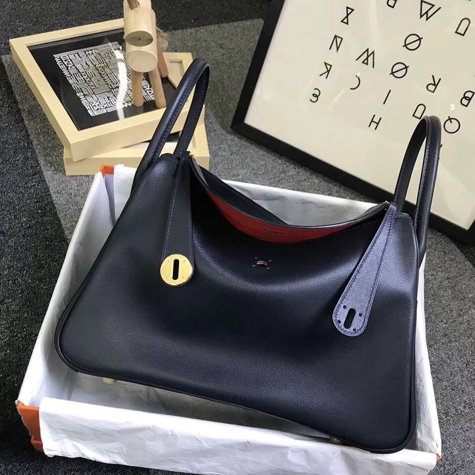 Hermès（爱马仕）午夜蓝拼罂粟橘色 原厂御用顶级Swift 皮 Lindy 30 金扣