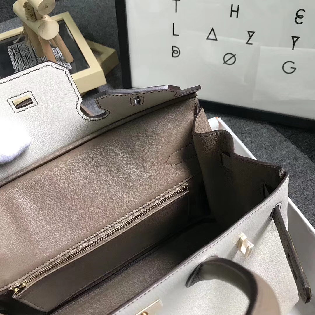 Hermès（爱马仕）奶昔白拼大象灰 原厂御用顶级山羊皮拼小牛皮 Birkin 30 拉丝金扣