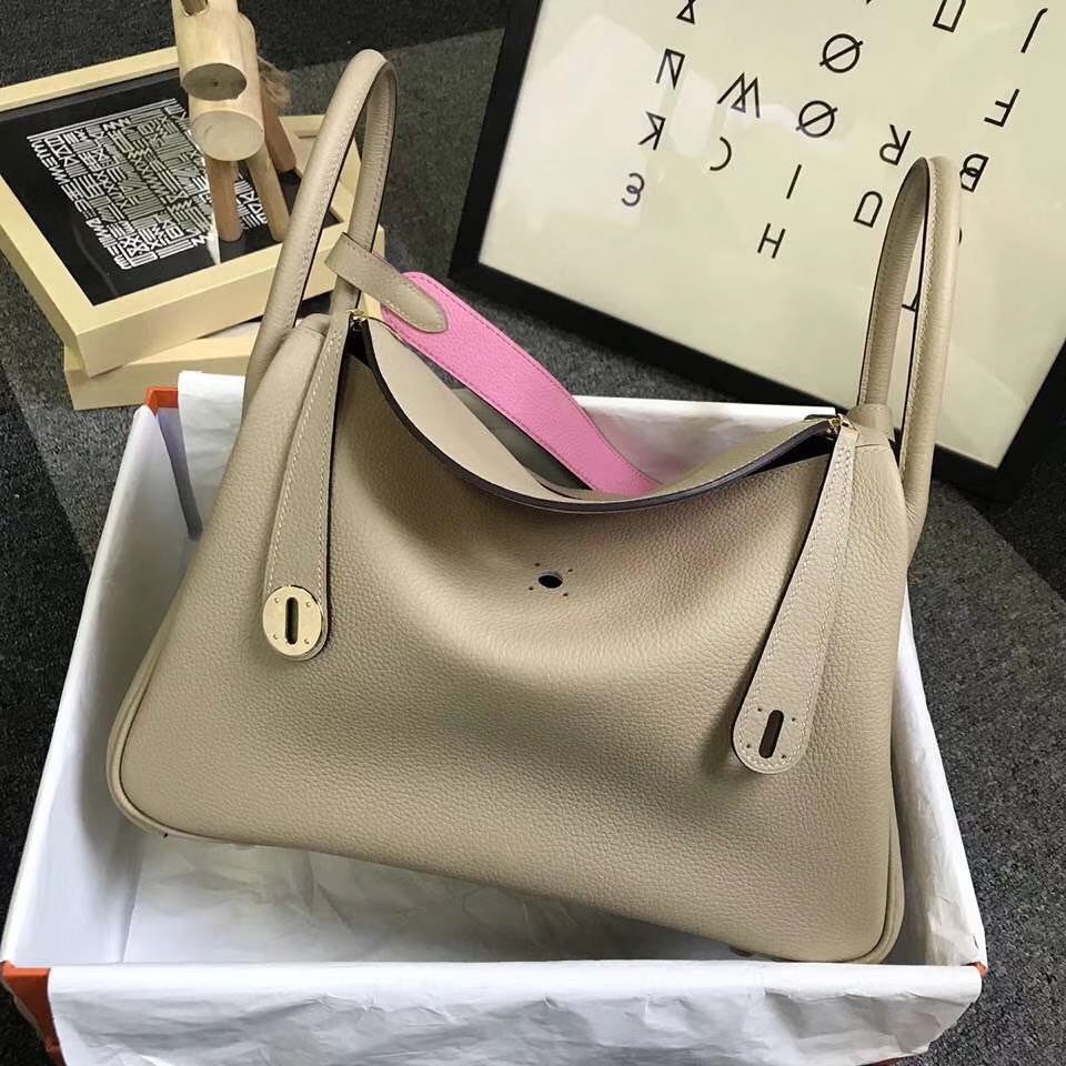 Hermès（爱马仕）S2 风衣灰拼5P樱花粉 原厂御用顶级小牛皮 Lindy 30 金扣