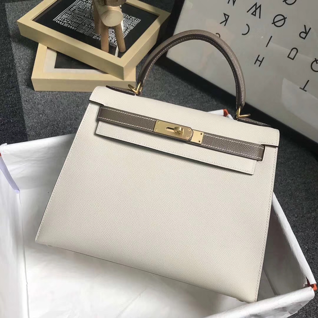 Hermès（爱马仕）奶昔白拼CK18大象灰 原厂御用顶级Epsom 皮 Kelly 28 外缝 金扣 现货